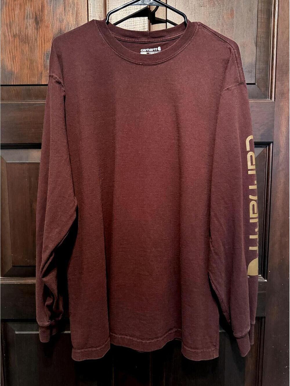 Carhartt Long Sleeve Logo T-Shirt Burgundy Loose Fit Size Large